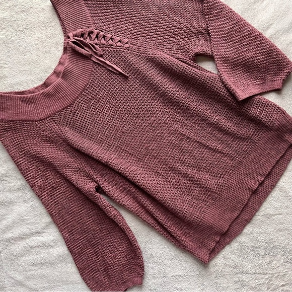 Express  Slouchy Off-the-Shoulder Bucket Sleeve Lace-Up Knit Sweater Tunic Top L - Picture 1 of 13